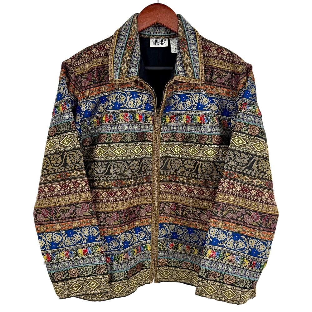 Chicos Design Large 2 Sparkly Gold Tapestry Wearable Art Jacket Shirt Top Autumn